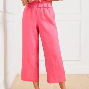 Tahari Women's 100% Linen Pink Pull On Wide‎ Leg Coastal Chic Cropped Pants - L
